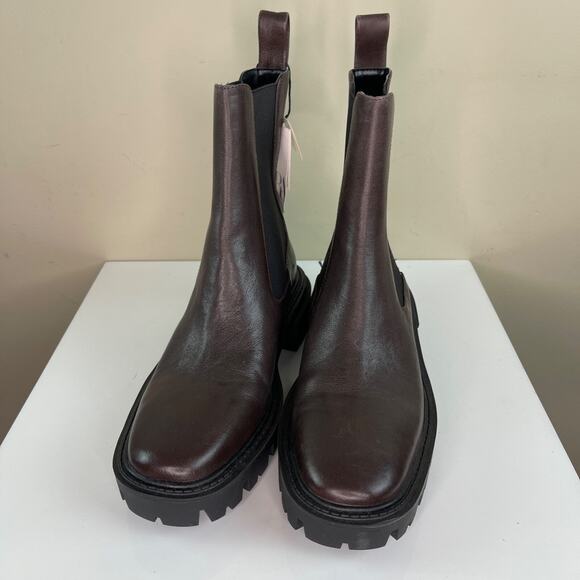 ZARA Brown Leather Ankle Boots Elastic Chunky Heel Track Sole Women 38 7.5 NEW - Picture 4 of 6